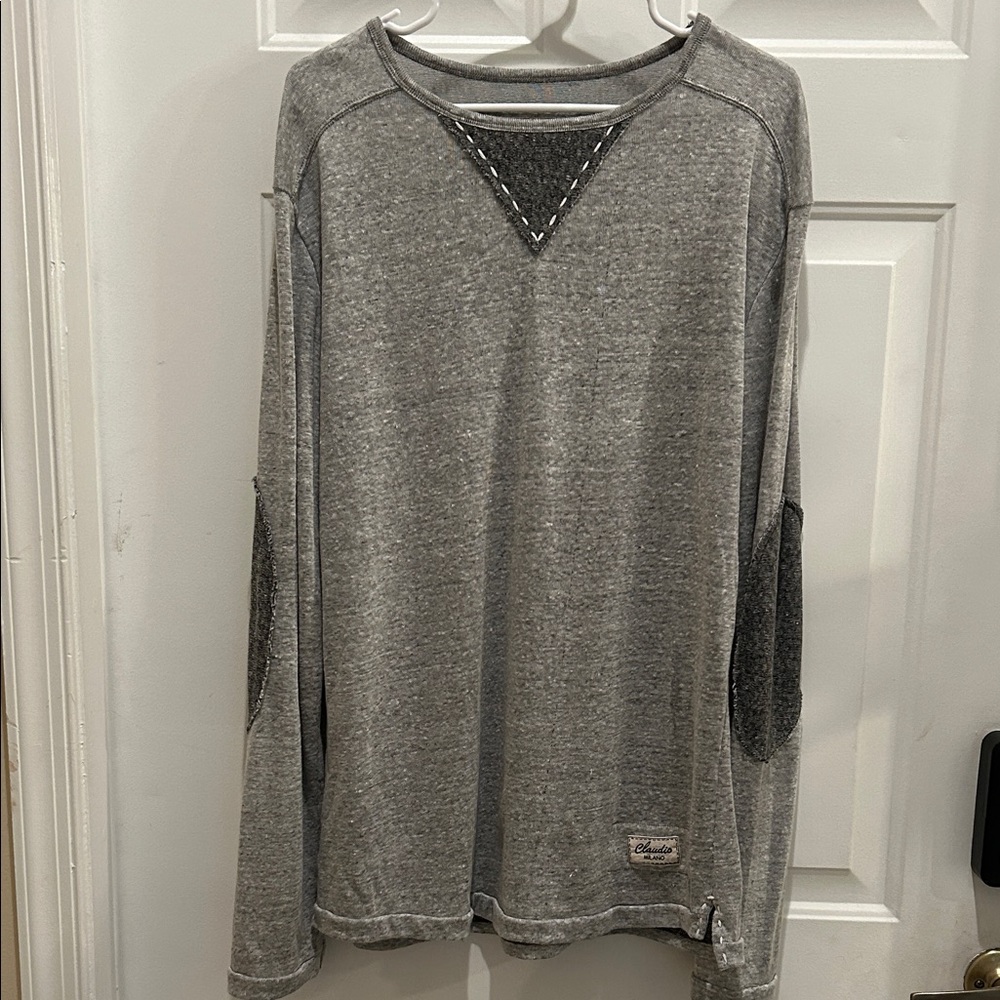 Stylish Gray Crewneck Sweater with Elbow Accents 100% Linen